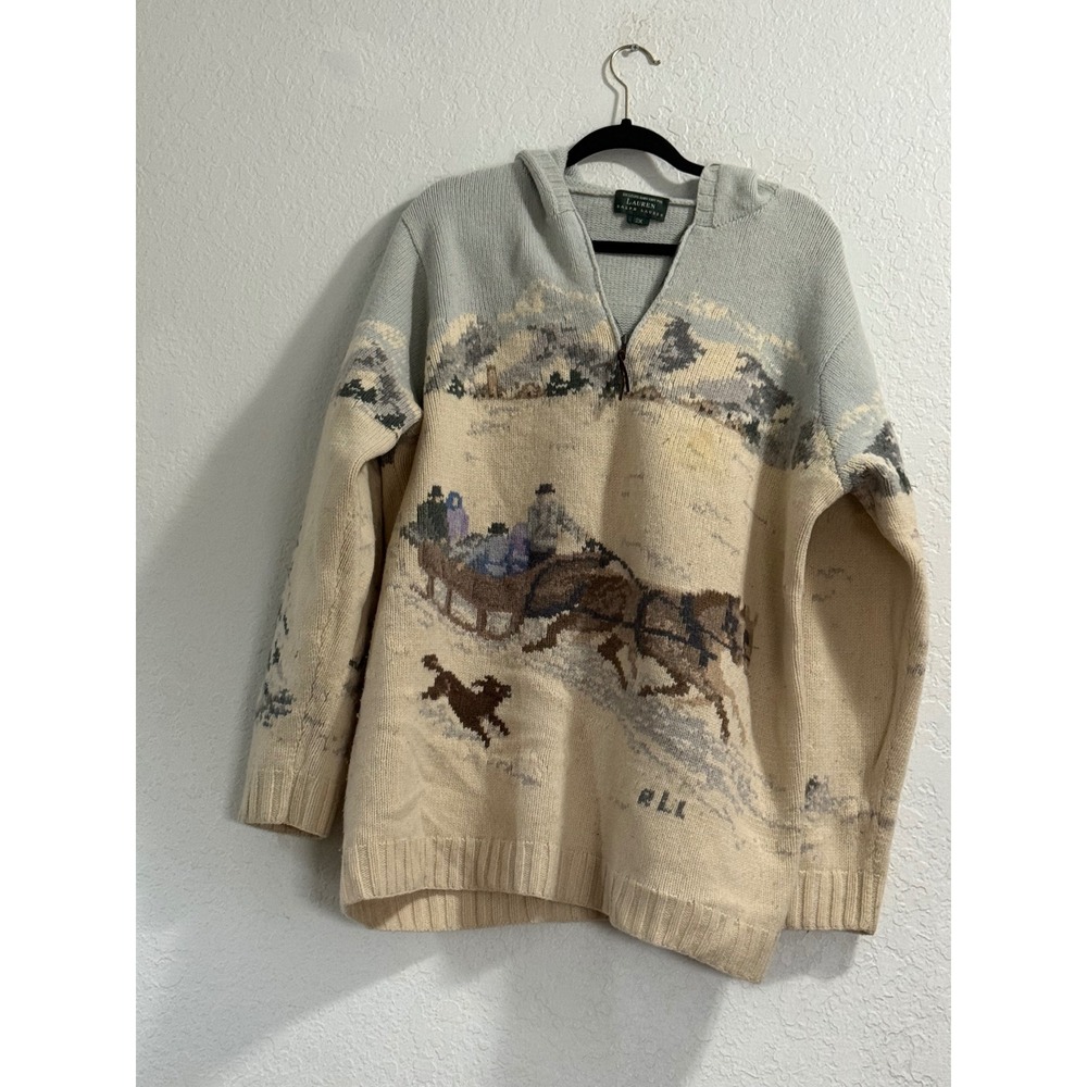 Vintage Lauren Ralph Lauren Sweater Womens 2x Hand Knit Lambswool Sled Dogs
